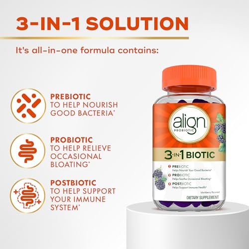Align Probiotikum, 3-in-1 Biotische Gummibärchen, Präbiotikum + Probiotikum + Postbiotikum, #1 Von Ärzten Empfohlenes Probiotikum‡, Hilft bei Gelegentlichem Blähbauch*, Brombeergeschmack, 50 Gummibärchen