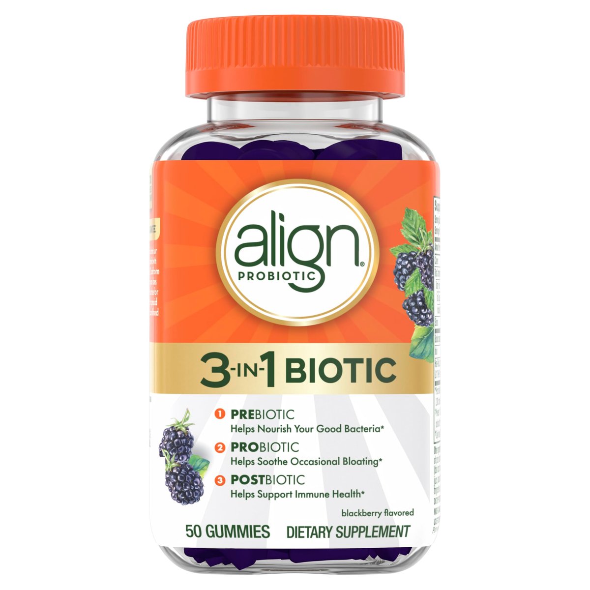 Align Probiotikum, 3-in-1 Biotische Gummibärchen, Präbiotikum + Probiotikum + Postbiotikum, #1 Von Ärzten Empfohlenes Probiotikum‡, Hilft bei Gelegentlichem Blähbauch*, Brombeergeschmack, 50 Gummibärchen