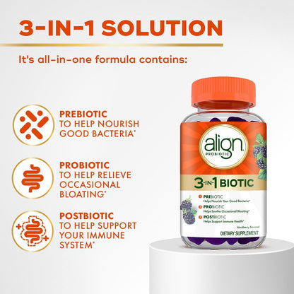 Align Probiotikum, 3-in-1 Biotische Gummibärchen, Präbiotikum + Probiotikum + Postbiotikum, #1 Von Ärzten Empfohlenes Probiotikum‡, Hilft bei Gelegentlichem Blähbauch*, Brombeergeschmack, 50 Gummibärchen