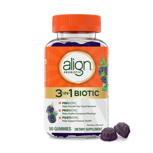 Align Probiotikum, 3-in-1 Biotische Gummibärchen, Präbiotikum + Probiotikum + Postbiotikum, #1 Von Ärzten Empfohlenes Probiotikum‡, Hilft bei Gelegentlichem Blähbauch*, Brombeergeschmack, 50 Gummibärchen