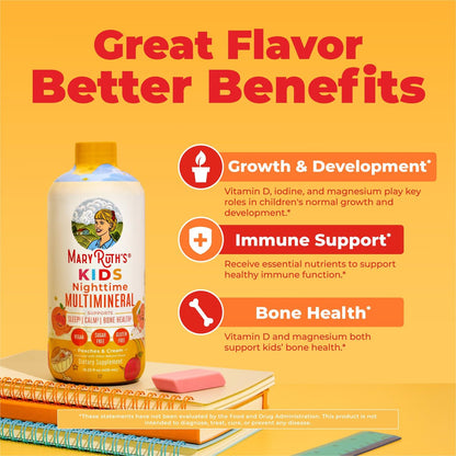 MaryRuth's Flüssiges Nacht-Multimineral für Kinder | Knochengesundheit | Immunfunktion | Schlafenszeit-Ergänzung | Magnesium | Vegan | Zuckerfrei | 30-180 Portionen | 15,22 fl oz