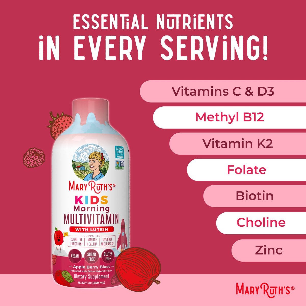 MARYRUTH'S Flüssiges Morgen-Multivitamin für Kinder | Multivitamin für Kinder | Immunsystem-Unterstützung | Vitamin C | Vitamin D | Essentielle Nährstoffe | Vegan | 30-180 Portionen | 450 ml