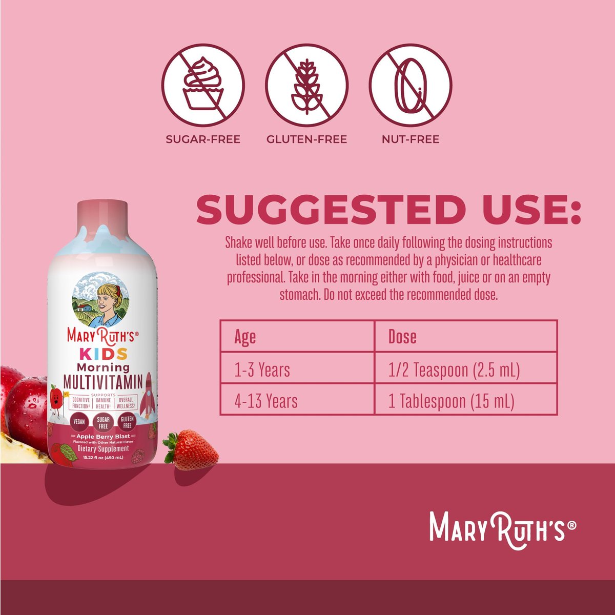 MARYRUTH'S Flüssiges Morgen-Multivitamin für Kinder | Multivitamin für Kinder | Immunsystem-Unterstützung | Vitamin C | Vitamin D | Essentielle Nährstoffe | Vegan | 30-180 Portionen | 450 ml
