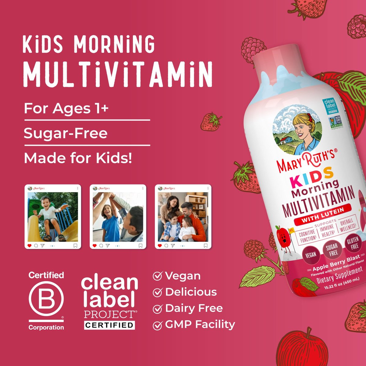 MARYRUTH'S Flüssiges Morgen-Multivitamin für Kinder | Multivitamin für Kinder | Immunsystem-Unterstützung | Vitamin C | Vitamin D | Essentielle Nährstoffe | Vegan | 30-180 Portionen | 450 ml