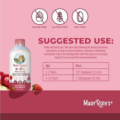 MARYRUTH'S Flüssiges Morgen-Multivitamin für Kinder | Multivitamin für Kinder | Immunsystem-Unterstützung | Vitamin C | Vitamin D | Essentielle Nährstoffe | Vegan | 30-180 Portionen | 450 ml