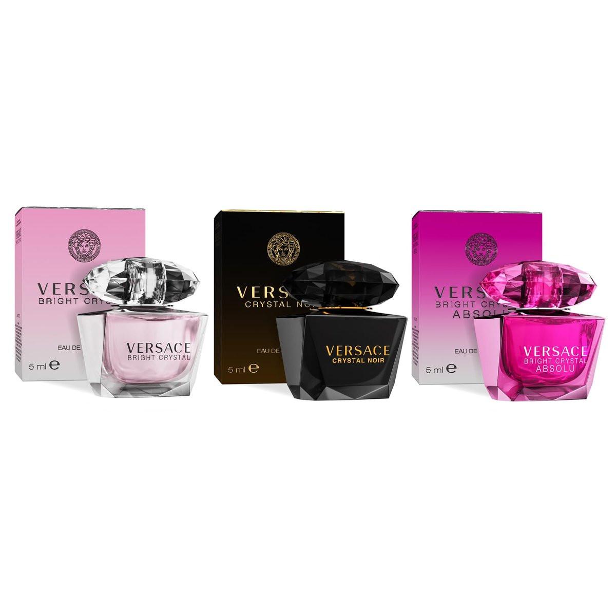 Versace Damenparfüm Set mit 3 Miniaturen: Bright Crystal, Crystal Noir, Bright Crystal Absolu – Duftproben-Set für Frauen (3 x 0,17 oz)