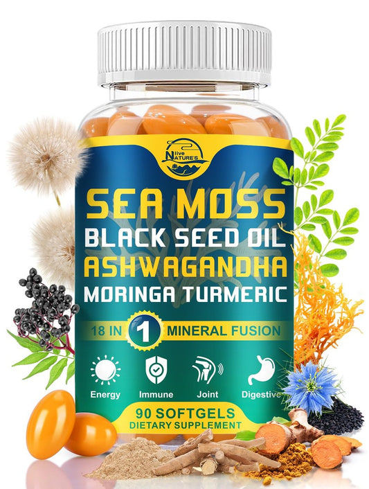 Nature's Live Bio-Organische Sea Moss Softgels mit Schwarzkümmelöl, Ashwagandha, Bladderwrack, Ingwer, Klettenwurzel, Manuka-Honig, Zimt - 90 Softgels
