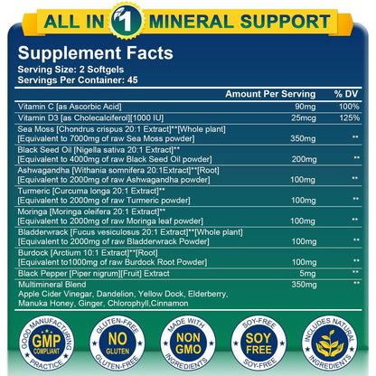 Nature's Live Bio-Organische Sea Moss Softgels mit Schwarzkümmelöl, Ashwagandha, Bladderwrack, Ingwer, Klettenwurzel, Manuka-Honig, Zimt - 90 Softgels