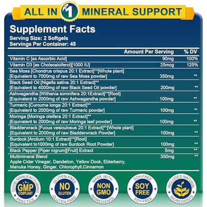 Nature's Live Bio-Organische Sea Moss Softgels mit Schwarzkümmelöl, Ashwagandha, Bladderwrack, Ingwer, Klettenwurzel, Manuka-Honig, Zimt - 90 Softgels