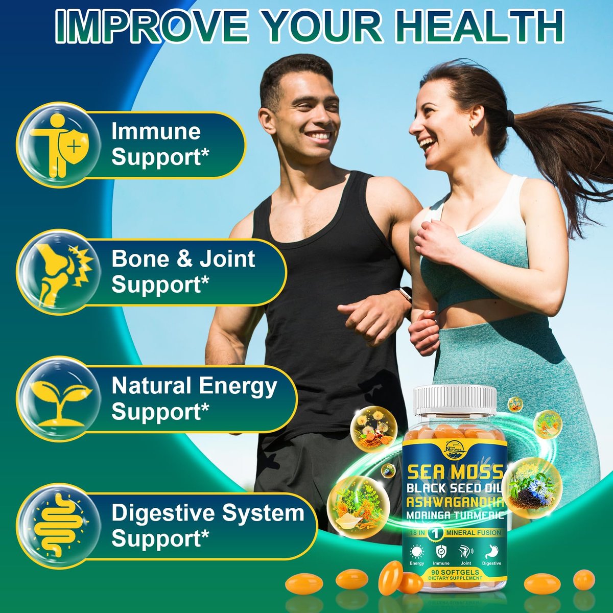 Nature's Live Bio-Organische Sea Moss Softgels mit Schwarzkümmelöl, Ashwagandha, Bladderwrack, Ingwer, Klettenwurzel, Manuka-Honig, Zimt - 90 Softgels