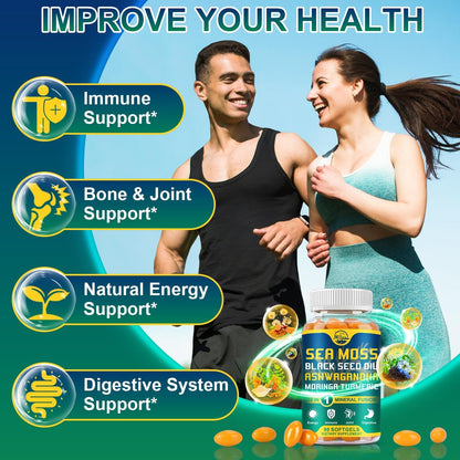 Nature's Live Bio-Organische Sea Moss Softgels mit Schwarzkümmelöl, Ashwagandha, Bladderwrack, Ingwer, Klettenwurzel, Manuka-Honig, Zimt - 90 Softgels