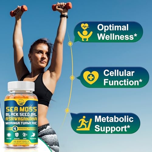 Nature's Live Bio-Organische Sea Moss Softgels mit Schwarzkümmelöl, Ashwagandha, Bladderwrack, Ingwer, Klettenwurzel, Manuka-Honig, Zimt - 90 Softgels