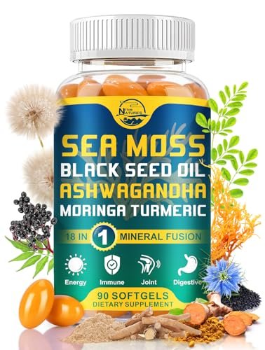 Nature's Live Bio-Organische Sea Moss Softgels mit Schwarzkümmelöl, Ashwagandha, Bladderwrack, Ingwer, Klettenwurzel, Manuka-Honig, Zimt - 90 Softgels
