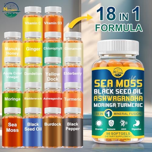 Nature's Live Bio-Organische Sea Moss Softgels mit Schwarzkümmelöl, Ashwagandha, Bladderwrack, Ingwer, Klettenwurzel, Manuka-Honig, Zimt - 90 Softgels