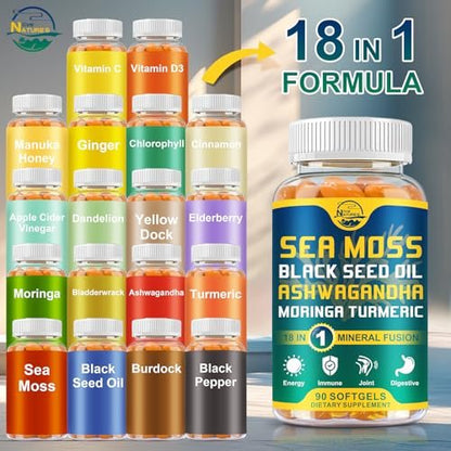 Nature's Live Bio-Organische Sea Moss Softgels mit Schwarzkümmelöl, Ashwagandha, Bladderwrack, Ingwer, Klettenwurzel, Manuka-Honig, Zimt - 90 Softgels