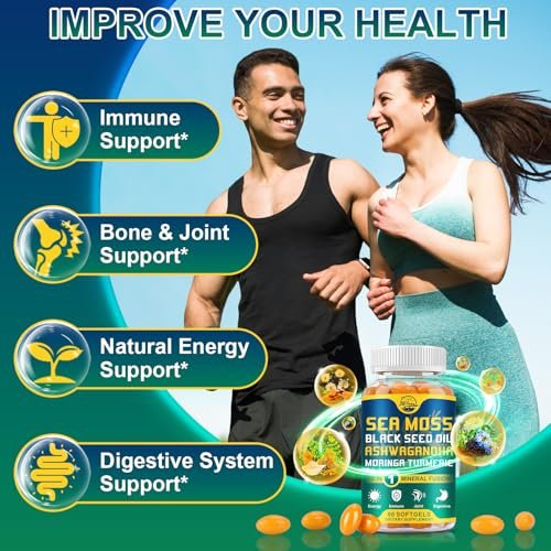 Nature's Live Bio-Organische Sea Moss Softgels mit Schwarzkümmelöl, Ashwagandha, Bladderwrack, Ingwer, Klettenwurzel, Manuka-Honig, Zimt - 90 Softgels