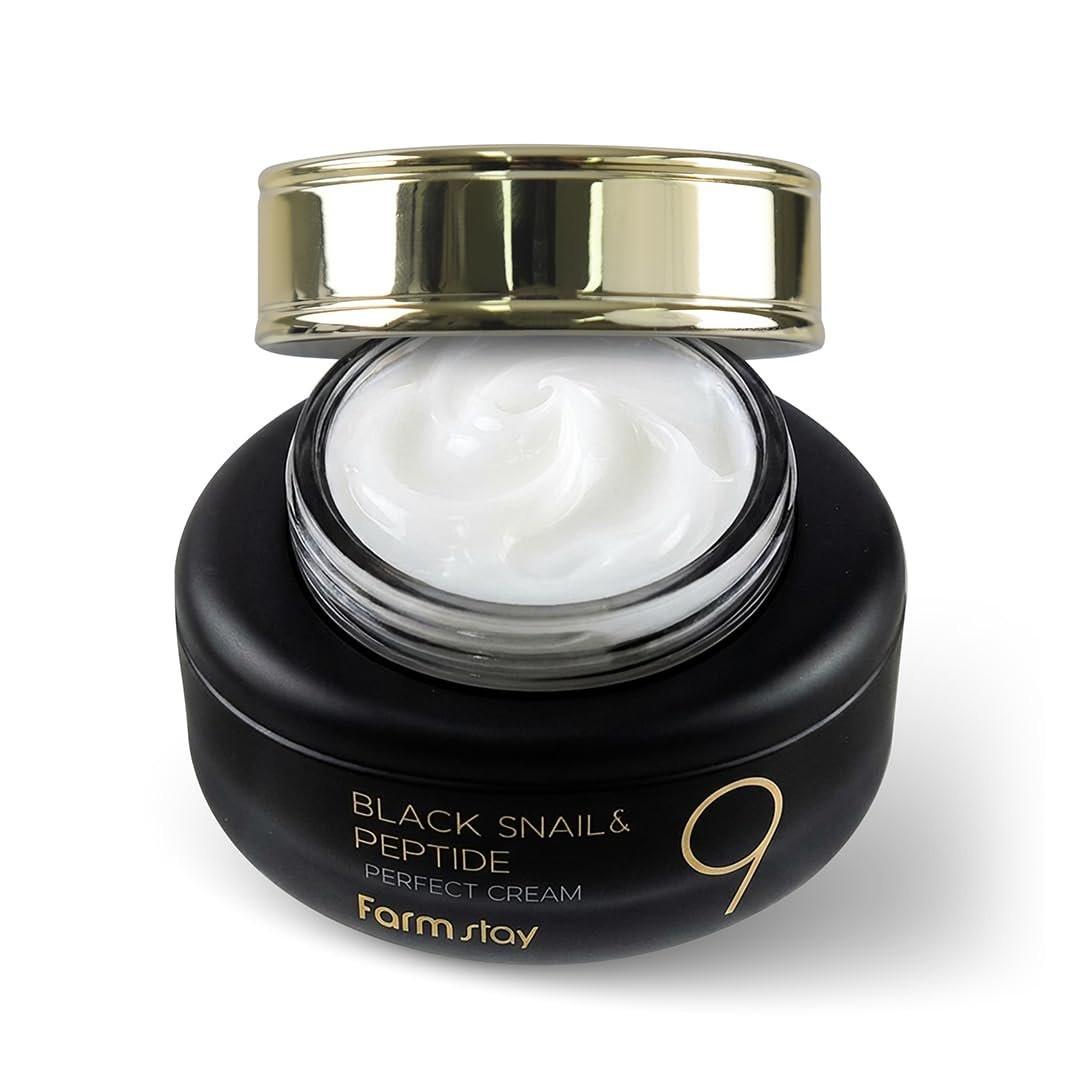 FARMSTAY Black Snail & Peptide 9 Perfect Cream – Feuchtigkeitscreme mit Schneckenschleim für elastische & strahlende Haut, Anti-Aging, Hautbarriere-Reparatur, 55 ml