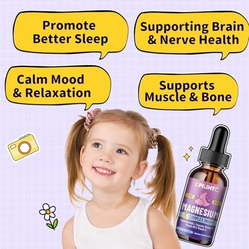 CFILIHTC Kids Magnesium Liquid Drops - Magnesiumglycinat flüssig für Kinder - mit L-Theanin, Omega-3, Vitamin B6, D3 - für Schlaf, Entspannung, Gehirn, Knochen - Ananasgeschmack, 59 ml