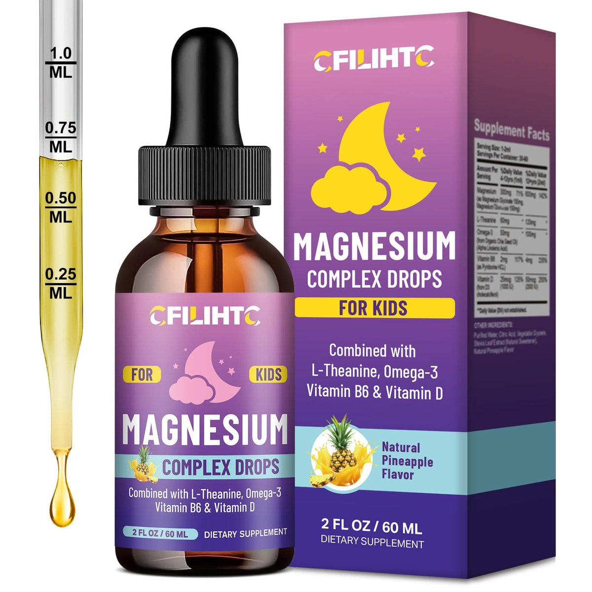 CFILIHTC Kids Magnesium Liquid Drops - Magnesiumglycinat flüssig für Kinder - mit L-Theanin, Omega-3, Vitamin B6, D3 - für Schlaf, Entspannung, Gehirn, Knochen - Ananasgeschmack, 59 ml