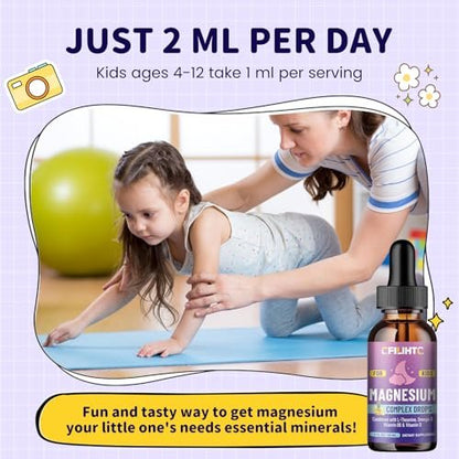 CFILIHTC Kids Magnesium Liquid Drops - Magnesiumglycinat flüssig für Kinder - mit L-Theanin, Omega-3, Vitamin B6, D3 - für Schlaf, Entspannung, Gehirn, Knochen - Ananasgeschmack, 59 ml