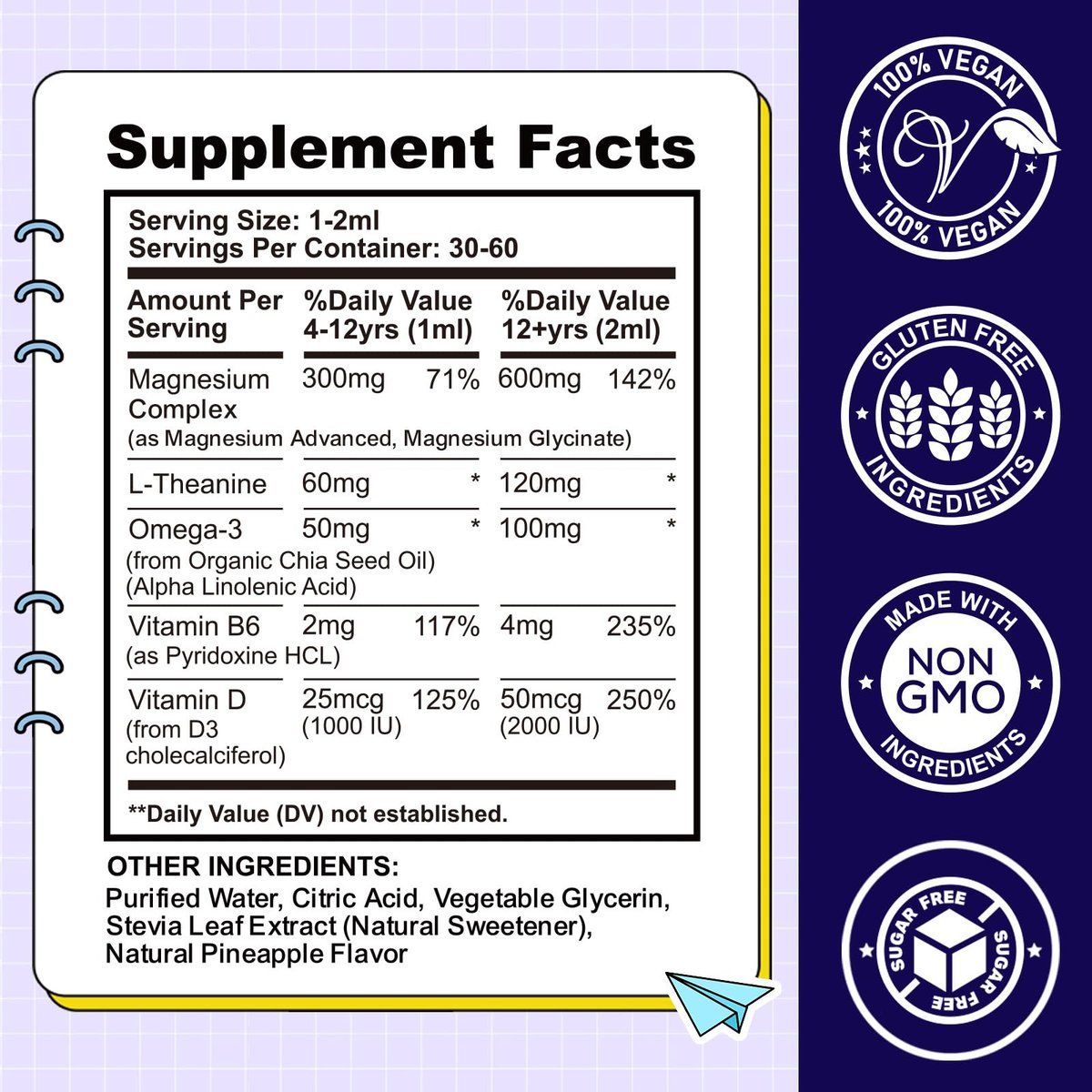 CFILIHTC Kids Magnesium Liquid Drops - Magnesiumglycinat flüssig für Kinder - mit L-Theanin, Omega-3, Vitamin B6, D3 - für Schlaf, Entspannung, Gehirn, Knochen - Ananasgeschmack, 59 ml