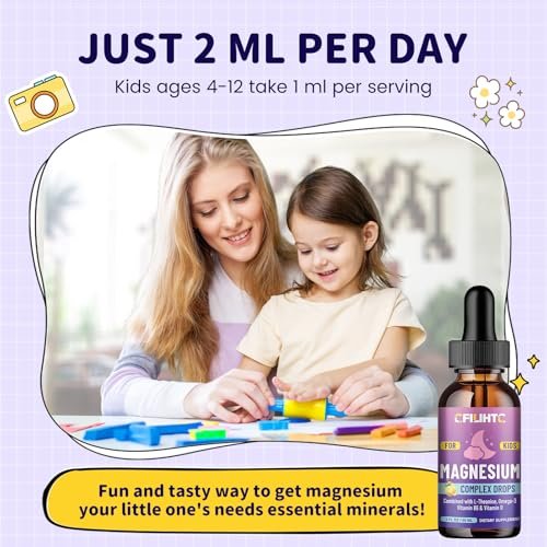 Magnesium-Tropfen für Kinder – Glycinat mit L-Theanin, Omega-3, Vitamin B6 & D3 – für Schlaf, Entspannung, Gehirn & Knochen – Zitronengeschmack, 59 ml
