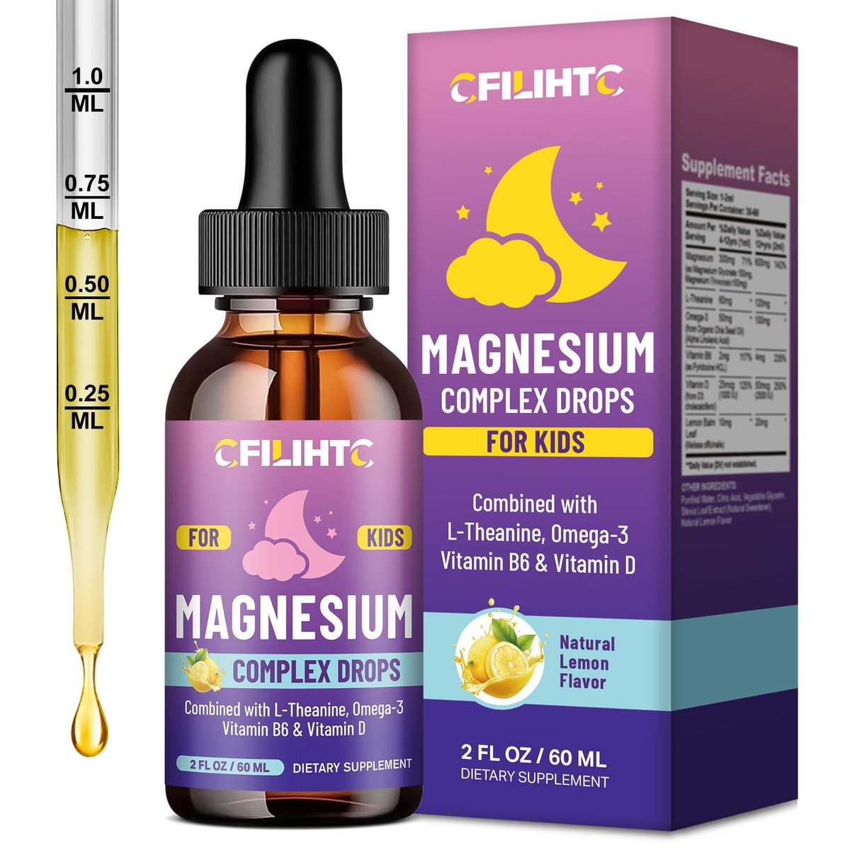 Magnesium-Tropfen für Kinder – Glycinat mit L-Theanin, Omega-3, Vitamin B6 & D3 – für Schlaf, Entspannung, Gehirn & Knochen – Zitronengeschmack, 59 ml