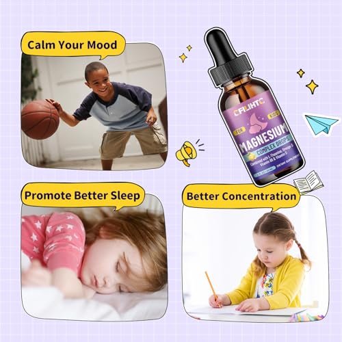 Magnesium-Tropfen für Kinder – Glycinat mit L-Theanin, Omega-3, Vitamin B6 & D3 – für Schlaf, Entspannung, Gehirn & Knochen – Zitronengeschmack, 59 ml