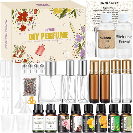 JUYRLE Parfümherstellungsset - DIY Roller Parfüm Set für Frauen, Eigenen Duft mit ätherischen Ölen kreieren, Rollerflakon Duftset, Geschenk für Frauen