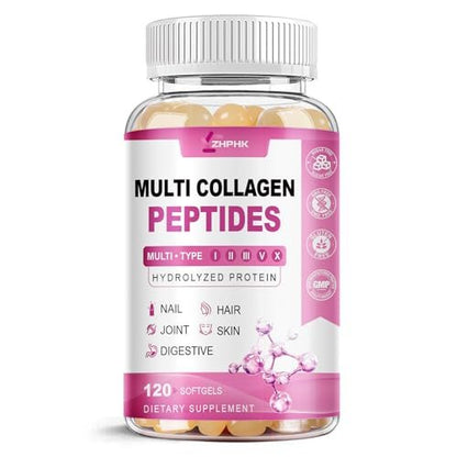 ZHPHK Multi-Kollagen-Peptide für Frauen 2000mg Hydrolysierte Kollagenpeptide Kapseln mit Typ I II III V X, Hyaluronsäure und Vitamin C für bessere Aufnahme – Unterstützt Haut, Haare, Nägel | 120 Kapseln