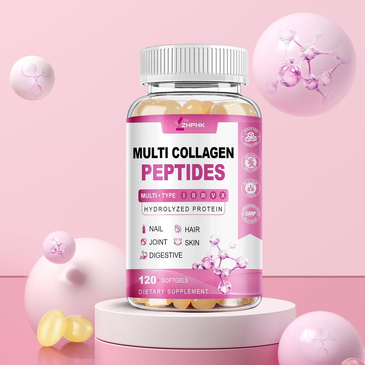 ZHPHK Multi-Kollagen-Peptide für Frauen 2000mg Hydrolysierte Kollagenpeptide Kapseln mit Typ I II III V X, Hyaluronsäure und Vitamin C für bessere Aufnahme – Unterstützt Haut, Haare, Nägel | 120 Kapseln