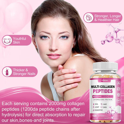 ZHPHK Multi-Kollagen-Peptide für Frauen 2000mg Hydrolysierte Kollagenpeptide Kapseln mit Typ I II III V X, Hyaluronsäure und Vitamin C für bessere Aufnahme – Unterstützt Haut, Haare, Nägel | 120 Kapseln