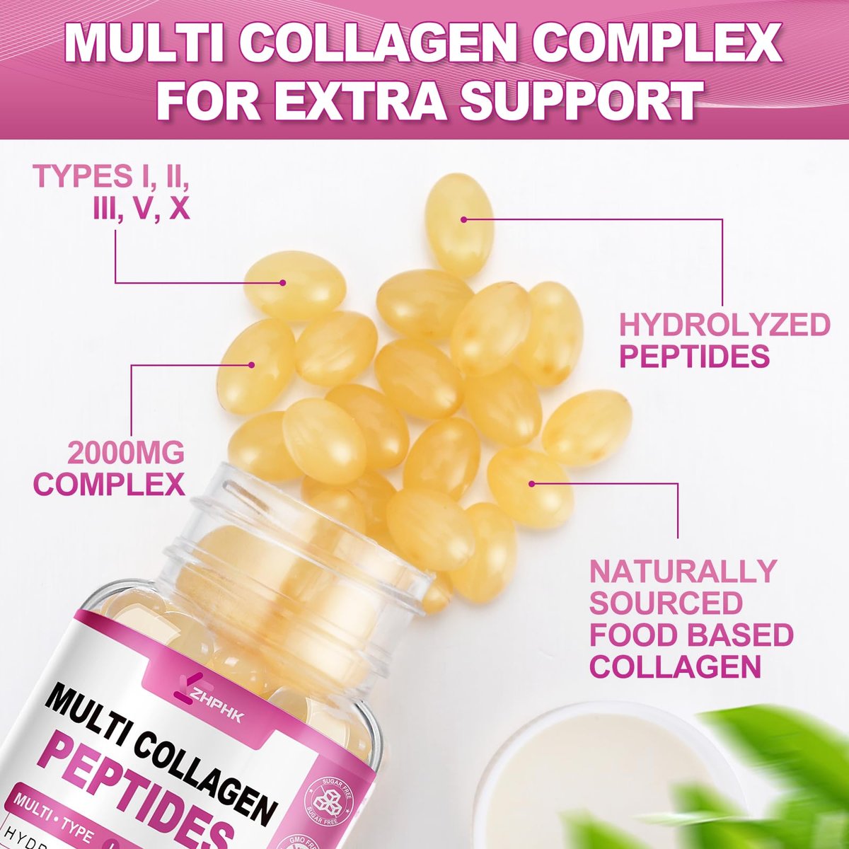 ZHPHK Multi-Kollagen-Peptide für Frauen 2000mg Hydrolysierte Kollagenpeptide Kapseln mit Typ I II III V X, Hyaluronsäure und Vitamin C für bessere Aufnahme – Unterstützt Haut, Haare, Nägel | 120 Kapseln