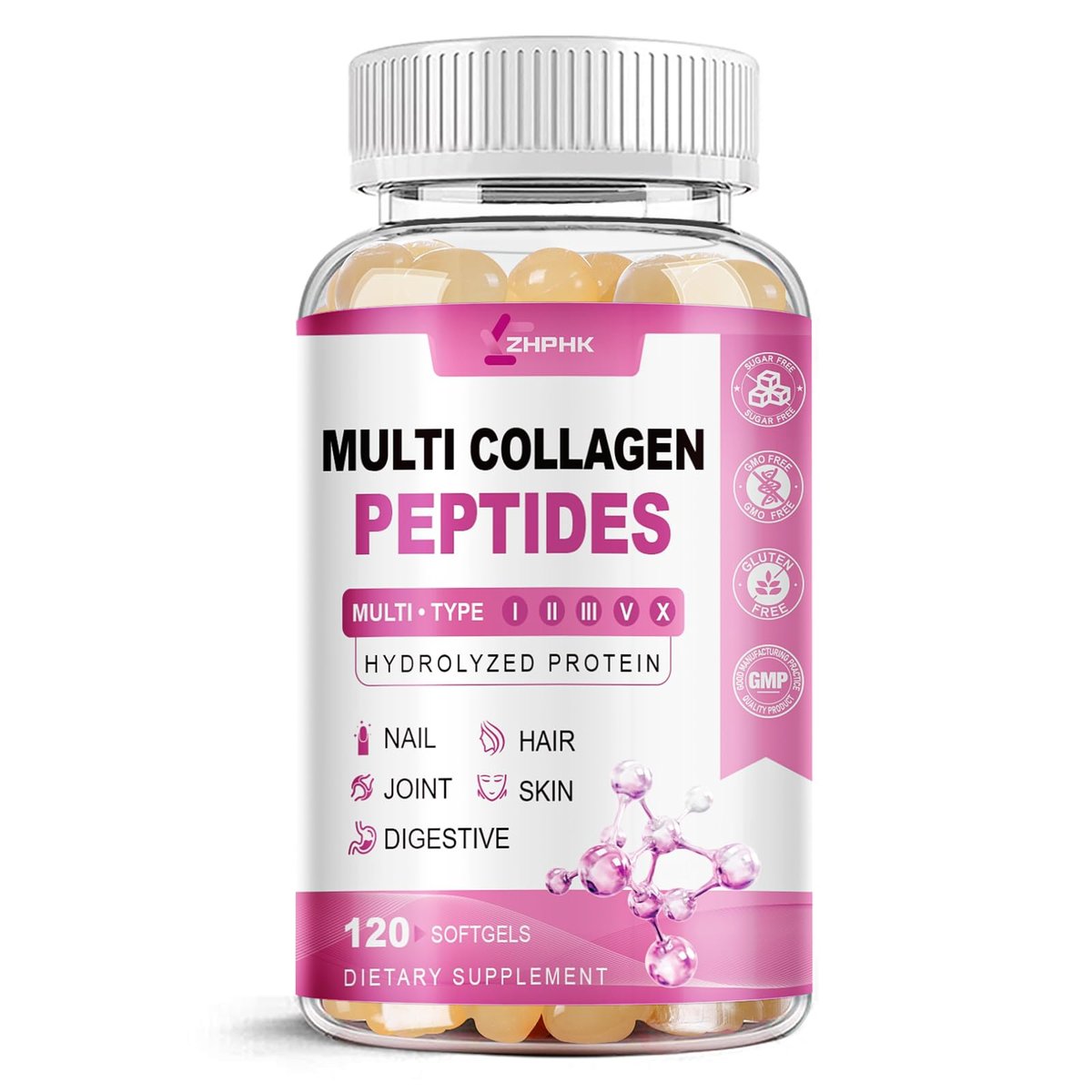 ZHPHK Multi-Kollagen-Peptide für Frauen 2000mg Hydrolysierte Kollagenpeptide Kapseln mit Typ I II III V X, Hyaluronsäure und Vitamin C für bessere Aufnahme – Unterstützt Haut, Haare, Nägel | 120 Kapseln