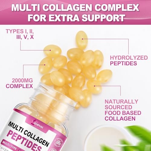 ZHPHK Multi-Kollagen-Peptide für Frauen 2000mg Hydrolysierte Kollagenpeptide Kapseln mit Typ I II III V X, Hyaluronsäure und Vitamin C für bessere Aufnahme – Unterstützt Haut, Haare, Nägel | 120 Kapseln