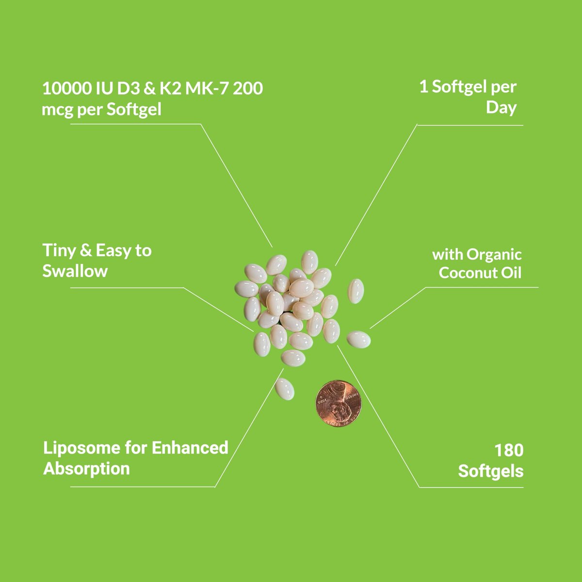 UpNourish Liposomales Vitamin D3 K2 10000 IE D3 und K2 MK-7 200 mcg – 180 Mini-Weichkapseln – Leicht zu schlucken