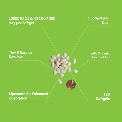 UpNourish Liposomales Vitamin D3 K2 10000 IE D3 und K2 MK-7 200 mcg – 180 Mini-Weichkapseln – Leicht zu schlucken