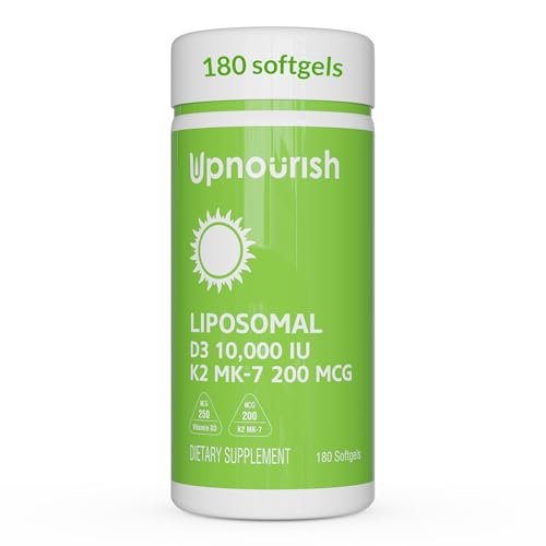 UpNourish Liposomales Vitamin D3 K2 10000 IE D3 und K2 MK-7 200 mcg – 180 Mini-Weichkapseln – Leicht zu schlucken