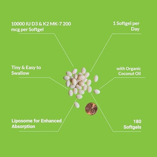 UpNourish Liposomales Vitamin D3 K2 10000 IE D3 und K2 MK-7 200 mcg – 180 Mini-Weichkapseln – Leicht zu schlucken