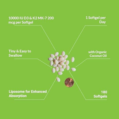 UpNourish Liposomales Vitamin D3 K2 10000 IE D3 und K2 MK-7 200 mcg – 180 Mini-Weichkapseln – Leicht zu schlucken