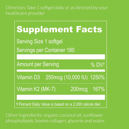 UpNourish Liposomales Vitamin D3 K2 10000 IE D3 und K2 MK-7 200 mcg – 180 Mini-Weichkapseln – Leicht zu schlucken