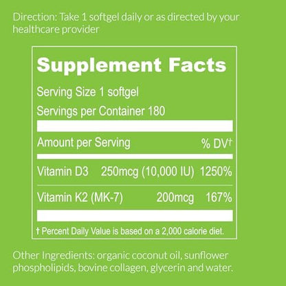 UpNourish Liposomales Vitamin D3 K2 10000 IE D3 und K2 MK-7 200 mcg – 180 Mini-Weichkapseln – Leicht zu schlucken