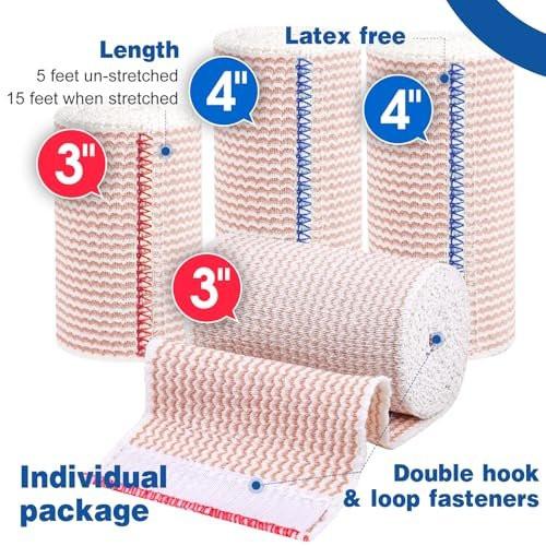 AZEN Premium 4er-Pack elastische Binden (2x3", 2x4"), Kompressionsbinden für Beine, Knöchel, Knie, Bauch, Körper, Lymphdrainage-Binden für Beine, latexfrei