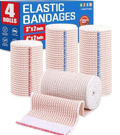 AZEN Premium 4er-Pack elastische Binden (2x3", 2x4"), Kompressionsbinden für Beine, Knöchel, Knie, Bauch, Körper, Lymphdrainage-Binden für Beine, latexfrei