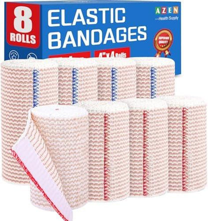 AZEN Premium 8er-Pack elastische Binden (4x3", 4x4") – Kompressionsbinden für Beine, Knöchel, Knie, Bauch, Körper, latexfrei, Lymphödem-Wickel