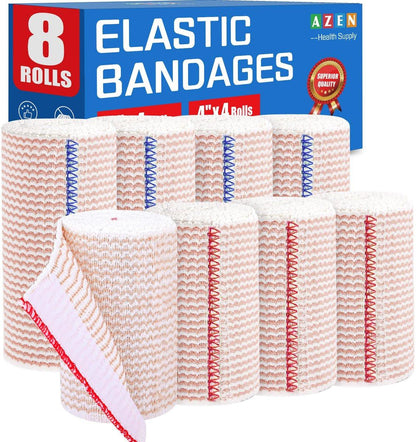 AZEN Premium 8er-Pack elastische Binden (4x3", 4x4") – Kompressionsbinden für Beine, Knöchel, Knie, Bauch, Körper, latexfrei, Lymphödem-Wickel