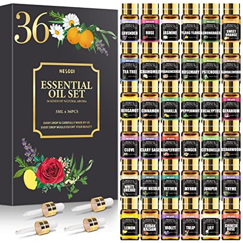 NESCCI Essential Oil Set – 36 x 5 ml Ätherische Öle für Diffuser, Seife, Kerzen, Badebomben – Geschenkset Weihnachten Halloween