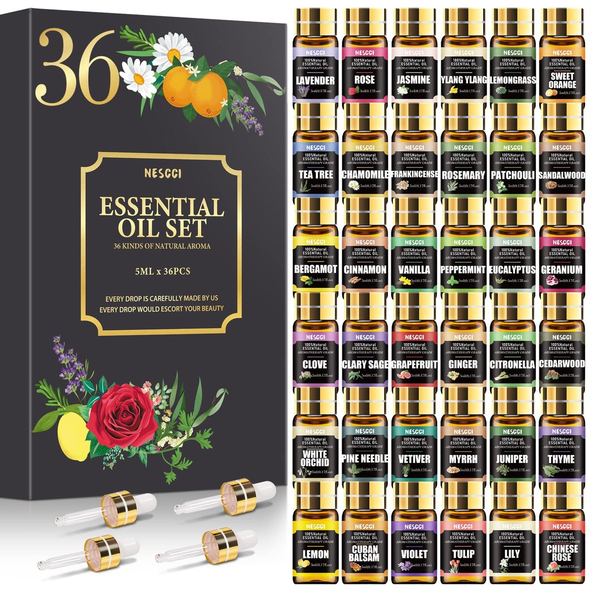 NESCCI Essential Oil Set – 36 x 5 ml Ätherische Öle für Diffuser, Seife, Kerzen, Badebomben – Geschenkset Weihnachten Halloween