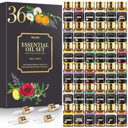 NESCCI Essential Oil Set – 36 x 5 ml Ätherische Öle für Diffuser, Seife, Kerzen, Badebomben – Geschenkset Weihnachten Halloween