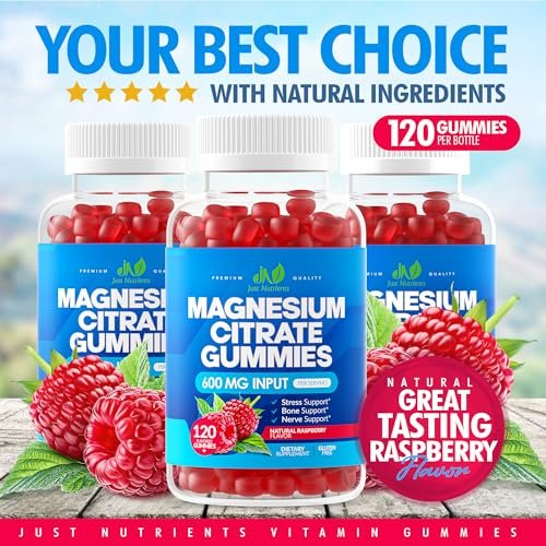 Magnesium Citrate 600mg Gummis (120 Stück) – Höchste Stärke für Ruhe, Knochen-, Herz- und Nervengesundheit – Glutenfrei, Nicht-GVO, Vegetarisch, Himbeergeschmack – 60 Portionen